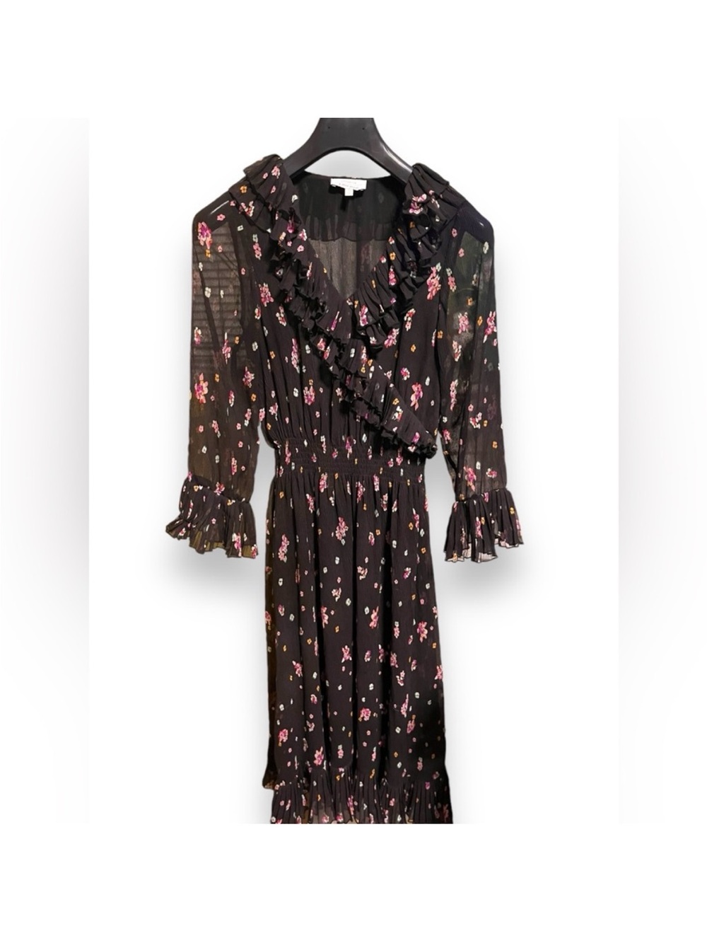 & Other Stories Black Ruffled Floral Wrap Midi Dress